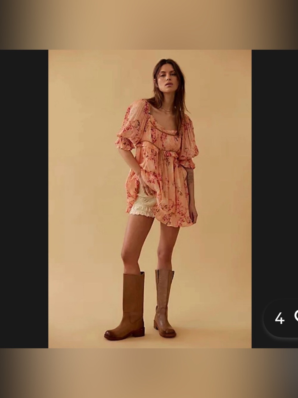 NEW Free People Marney Babydoll Dress Peach Floral Puff Sleeve Velvet Ribbon M